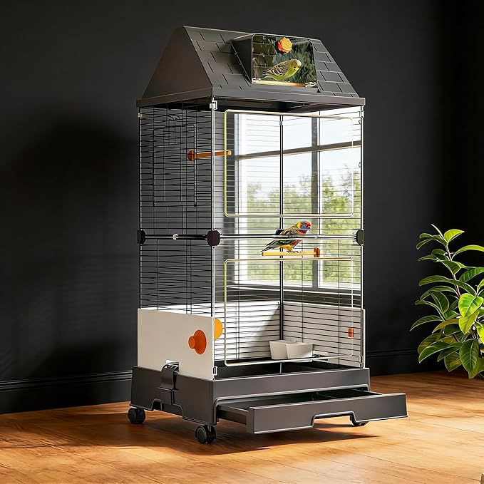 Oneluck Modern Bird Cage with Panoramic View, 18.5"x13.8"x38.5"Bird Aviary for Small to Medium Birds,Easy Clean Tray,for Macaws Parakeet Cockatiel Budgie Canary Finch Quail Lovebird Conure