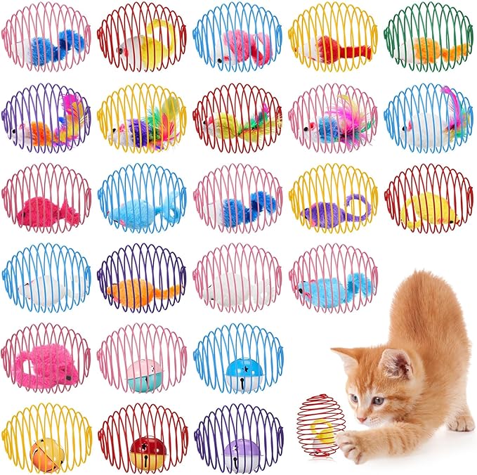 Jecery 25 Pcs Cat Spring Balls Toys Stretchable Rolling Balls Colorful Playful Coils Interactive Action Toy Caged Rats for Kitten Pet Supplies (Mouse and Bell,Colorful)