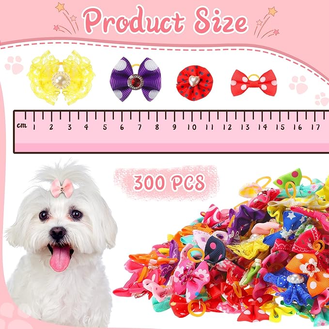 Reginary 300 Pack Dog Bows Grooming Cute Dog Hair Bows Girl with Rubber Bands Small Puppy Bowknots Colorful Hair Accessories for Puppies Pets Gift
