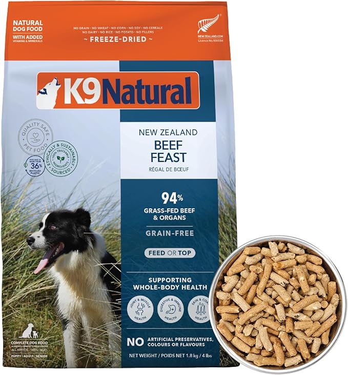 K9 Natural Beef Freeze Dried Dog Food, High-Meat Natural Complete Meal or Meal Toppers for Dogs, Grass-Fed Beef from New Zealand, Grain-Free, GMO-Free, Complete & Balanced Nutrition, 4lb