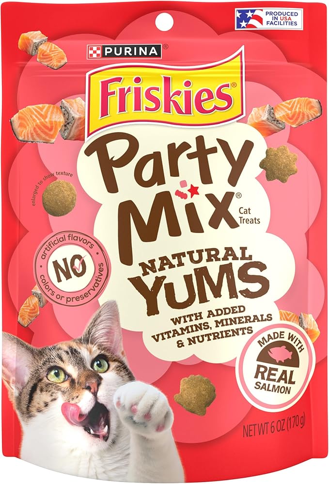Purina Friskies Natural Cat Treats, Party Mix Natural Yums With Real Salmon and Vitamins, Minerals & Nutrients - (Pack of 6) 6 oz. Pouches