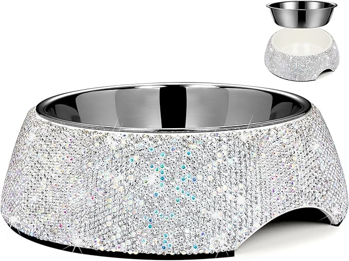 SlowVibes Bling Stainless Steel Dog Bowls,7oz Detachable Rhinestone Metal Food Water Bowl for Feeding Dogs Cats,Rust Resistant Non-Slip Puppy Dish with Gems,Sparkle Essentials for Small Girly Pets