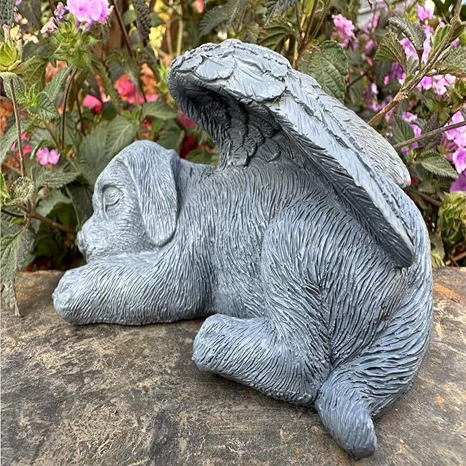 Small Dog Angel Pet Memorial Grave Marker Tribute Statue，Resin Sleeping Dog Statue with Wings for Garden,Indoor,Pet Grave Markers,and Loss of Sympathy Gift(Gray)