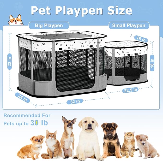 Portable Cat Playpen, Foldable Pet Dog Playpen, for Kitten Puppy Play Pen Indoor/Outdoor, Cats Enclosure Cages Tent with Carrying Case, 600D Oxford 8-Rods, 32"x24"x22", Grey