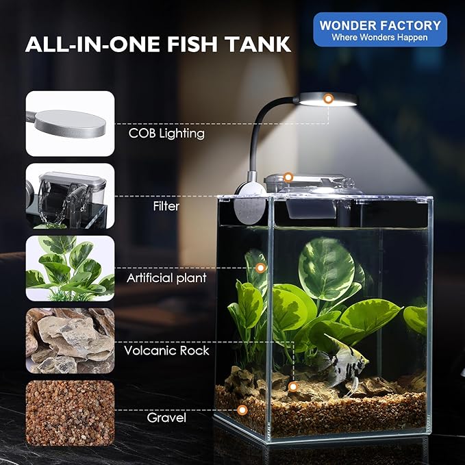 Desktop Small Aquarium Set Glass Fish Tank 1.25 Gallon, Heater Water Pump Filter Bright LED Light Gravel Cleaning Tool, Starter Kit Small Space Easy Setup Space-Saving Design Betta Shrimp