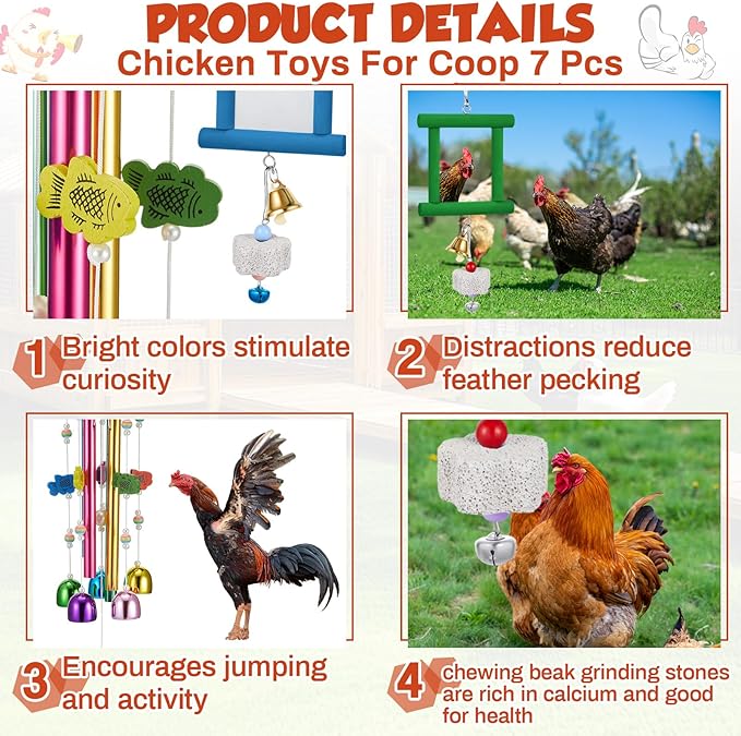 7 Pcs Chicken Toys, Hanging Chicken Wind Chime, 2 Pcs Coop Mirror Toys with Bells 4 Pack Beak Grinding Stones, Musical Coop Accessories for Hen Rooster Chick Poultry Birds(Green, Blue)
