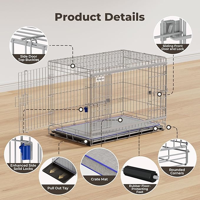 36 Inch Sliding Door Dog Crate - Heavy Duty Collapsible Dog Crates for Medium Dogs (30-70lbs), Double Door Metal Dog Kennel Cage with Soft Mat, Leak-Proof Tray, Easy Foldable & Assembly