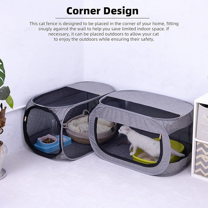 NAFU Corner Cat Playpen with Litter Box Compartment for Indoor Use - Space Saving Foldable Enclosure for Kittens & Puppy, Cat Houses & Condos