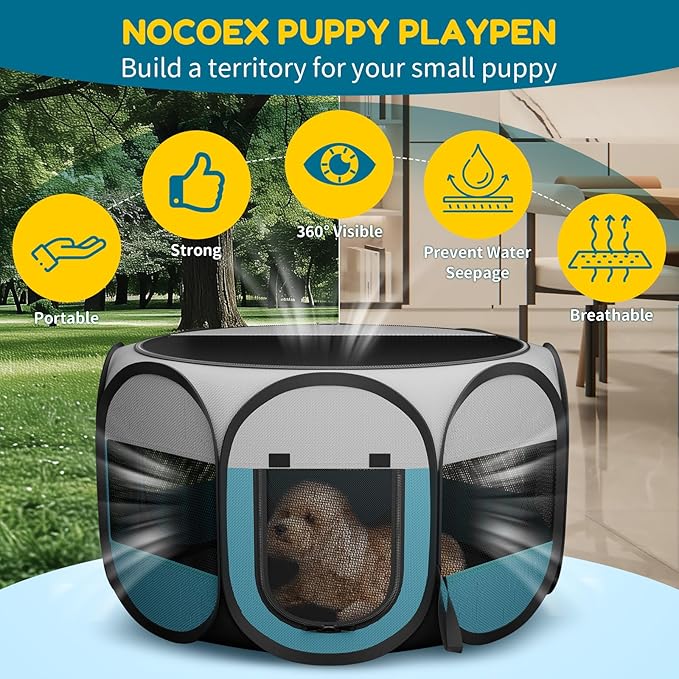 Portable Cat Playpen for Indoor Enclosed: Foldable Pet Playpen for Cat Small Dog Indoor Outdoor with Zipper Top Cover - Pop Up Puppy Kitten Tent Crates Cage Kennel with Carrying Case (Blue/White)