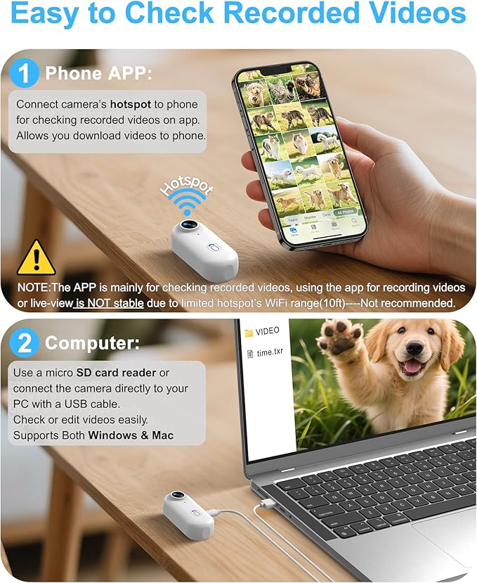 Dog Camera Collar with Phone APP, 1080P HD Video Recording Pet Camera Collar – Cordless Lightweight Rechargeable Pet POV Cam for Curious Cats & Adventurous Pups-M-Size Dog Action Cameras