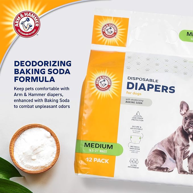 Arm & Hammer for Pets Disposable Female Dog Diapers with Odor Control and Wetness Indicator, Leak Resistant Dog Diapers for Incontinence and Heat Cycles, Size Medium 16.5–21 in Waist, 12 Count - 6 Pk