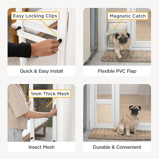 Hakuna Pets V2 Patio Pet Door Screen Insert Panel for Sliding Doors, Fits Door Track Min Ht 59.05" to Max Ht 84.25",UV Resistant Mesh, Locking Magnetic Dog Door, Easy Install and Removal,Medium,White
