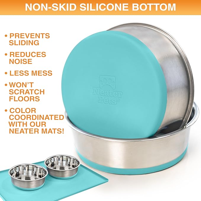 Neater Pet Brands Stainless Steel Dog Bowls with Non-Slip Rubber Bottom – 3 Cup (24 oz), Teal - Set of 2 Heavy Duty Metal Dog Bowls, Dishwasher Safe, Food or Water Bowl, Ideal for Small to Medium Dogs
