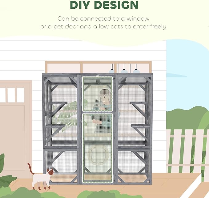 PawHut Catio Outdoor Cat Enclosure, Large Wooden Cat House with 6 Jumping Platforms, Weatherproof Roof, Outdoor Cat Cage Cat Shelter for 1-3 Cats, 59" x 28" x 60", Gray