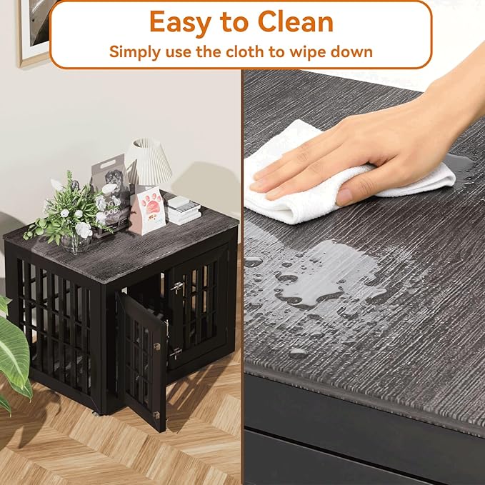 32" Heavy Duty Dog Crate Furniture for Small,Medium and Large Dogs,Rustic Wooden Dog Cage Kennel Indoor Furniture with Waterproof Top,Decorative Pet House Side End Table (Black & Grey)
