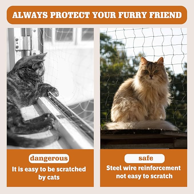 Cat Netting,Balcony Netting for Pets,Steel Wire Reinforced Balcony Screen for Pets, Anti-Fall Cat Net for Balcony and Windows,Stair, Patio（Black,10 * 20ft）