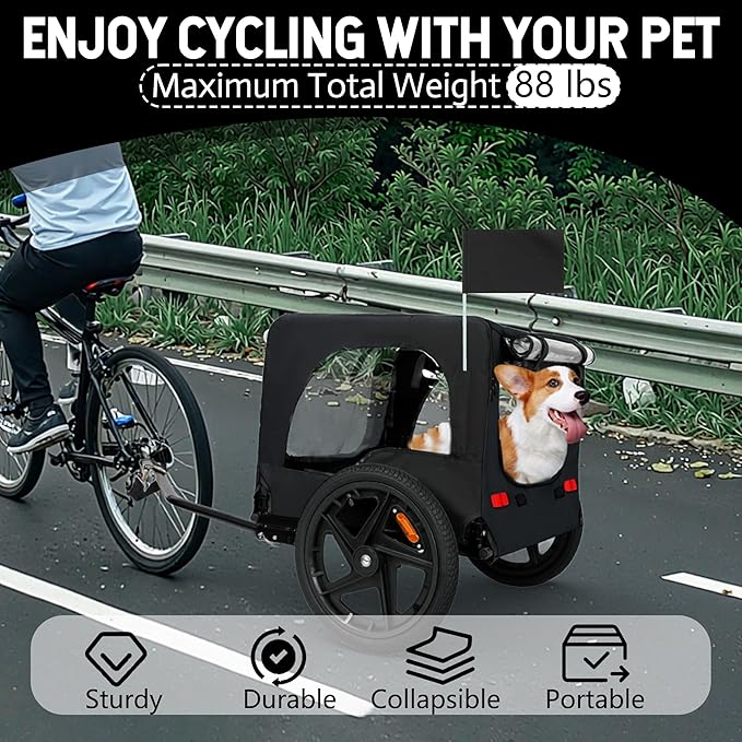 Heavy-Duty Dog Bike Trailer & Collapsible Pet Carrier for Bike with 16-Inch All-Terrain Wheels, Universal Hitch, Safety Flag & Weather-Resistant Design for Outdoor Adventures