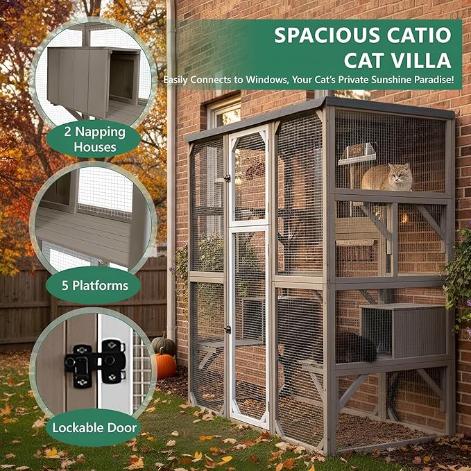 Large Outdoor Cat Catio Enclosures, Wooden Catio Window Cat Patio for Cats Feral with 5 Platforms, 2 Resting Rooms, Waterproof Cover