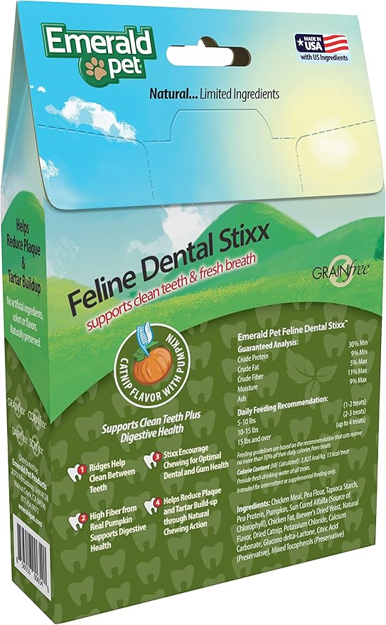 Emerald Pet Feline Dental Stixx — Tasty and Crunchy Cat Sticks with Pumpkin for Digestive Health — Natural Grain Free Treats for Clean Cat Teeth and Fresh Breath — Catnip, 3.6 oz