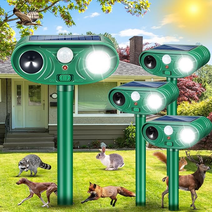 2026 Solar Ultrasonic Animal Repellent Sonic Fortress Pro Raccoon Repellent Cat Repeller Deer Deterrent with Flash Light Motion Sensor to Keep Squirrel Rabbit Dog Skunk Out of Garden Yard(4Pack)