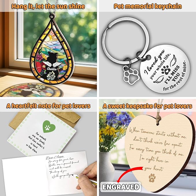 Personalized Angel Dog Memorial Suncatcher, Dog Cat Suncatcher Remembrance Gift, Engraved Pet Memorial Ornament, Pet Sympathy Keychain, Animal Loss Sympathy Card, Rainbow Bridge Pet Loss Gift