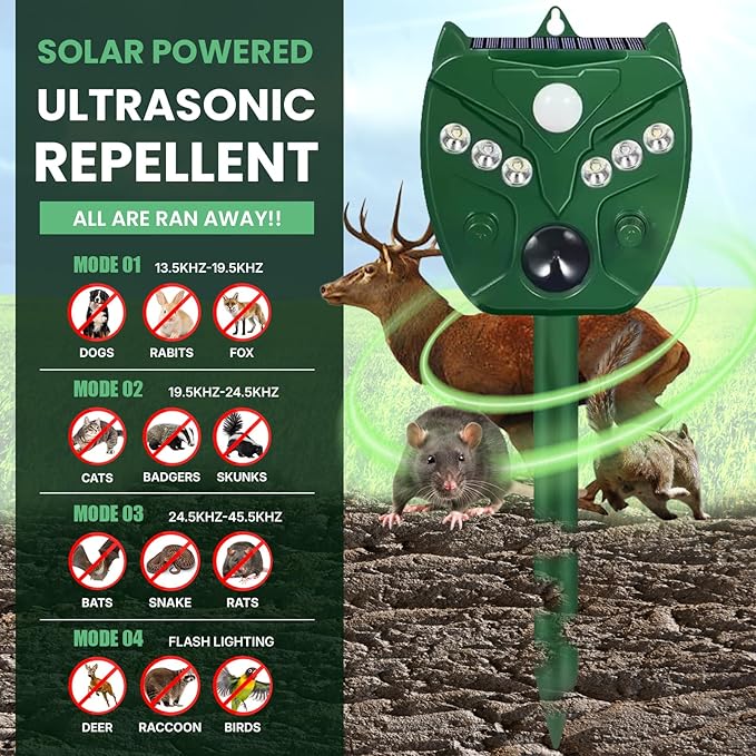 Shamzy Solar Ultrasonic Animal Repellent Outdoor, Cat Deterrent for Yard with 6 LED Flashing Lights & Motion Sensor That Repel Dogs, Deer, Fox, Raccoon, Skunk, Rabbit, Squirrel Deterrent Outdoor