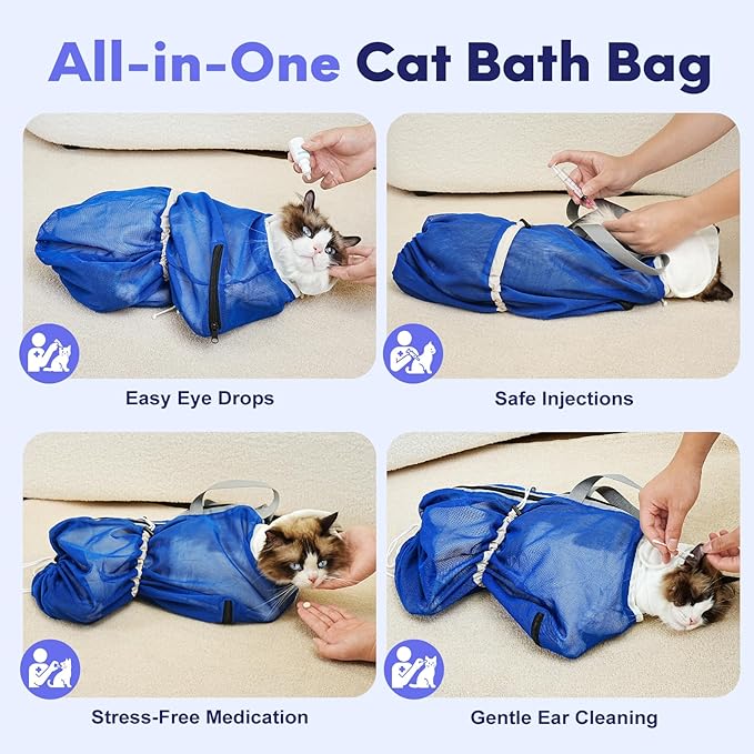 Cat Bathing Bag Anti Scratch Bite Breathable Mesh - Adjustable Cat Grooming Bag for Nail Trimming, Injections, Medication, Dental Care, Vet Visits, Cats Shower Bag with Zippers,Blue