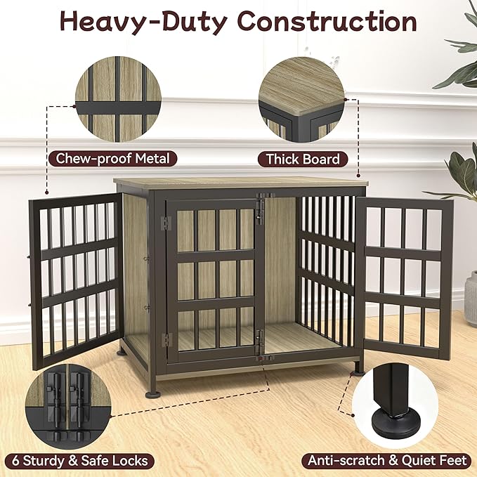 26'' Dog Crate Furniture Large Breed Dog Crate Dog Kennels for Inside Wooden Dog Crates End Table Heavy Duty Indoor Combination Cage for Medium to Large Dogs Maple