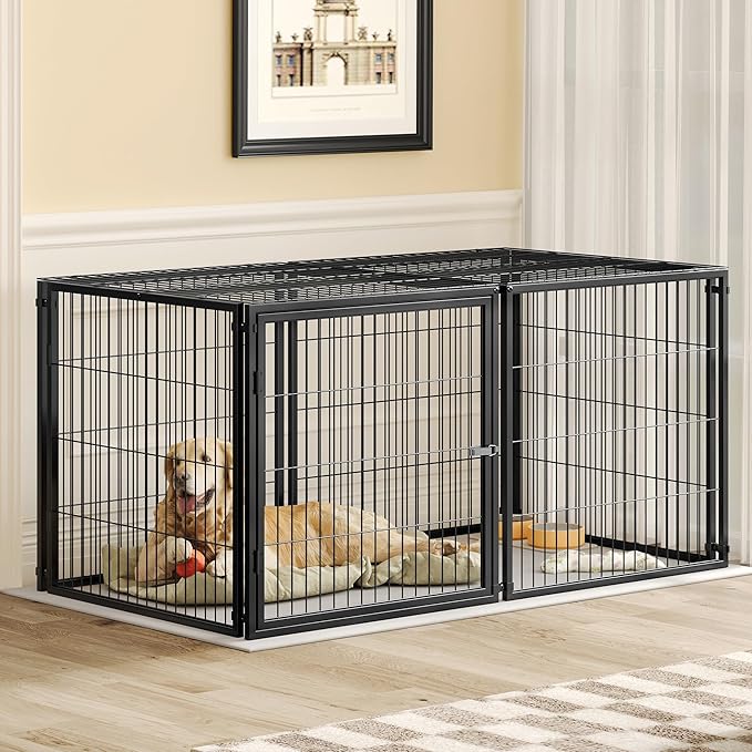 Nyahab 63.7" Large Dog Cage for Medium Dogs and Puppies, Indoor Metal Kennel Playpen with Removable Top Cover, Heavy-Duty Pet Crate with Adjustable Door, Black