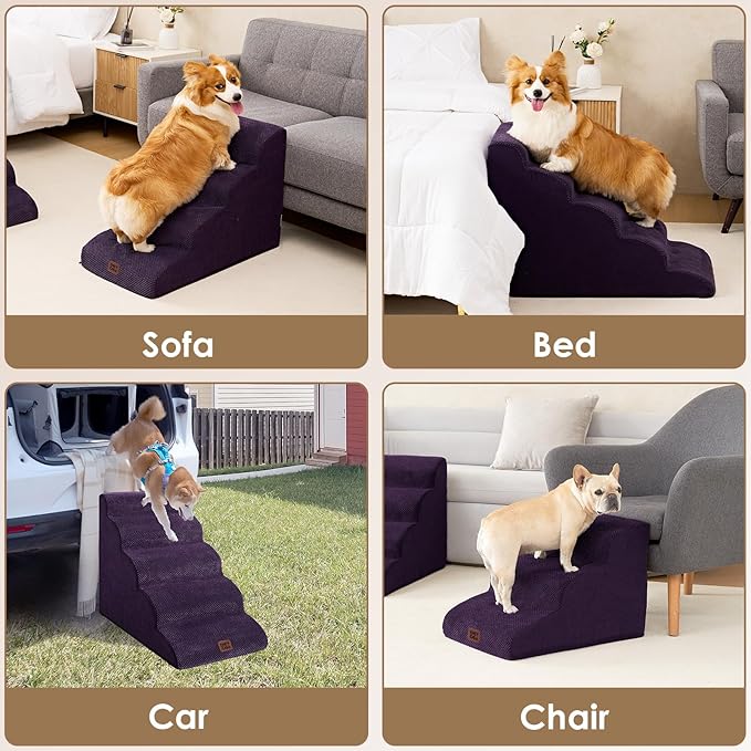 EHEYCIGA Curved Dog Stairs Ramp for Small Dogs 15.7" H, 3-Step Dog Steps for Couch Sofa and Chair, Pet Stairs for Cats, Non-Slip Balanced Pet Steps Indoor, Purple