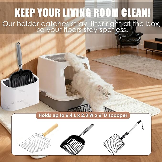 Cat Litter Scoop Holder – Universal Marble-Textured Scoop Caddy with Built-In Bag Dispenser & Wide-Mouth Bucket, Includes 4 Rolls Waste Bags & Removable Scoop Stand for Most Metal/Plastic Scoops