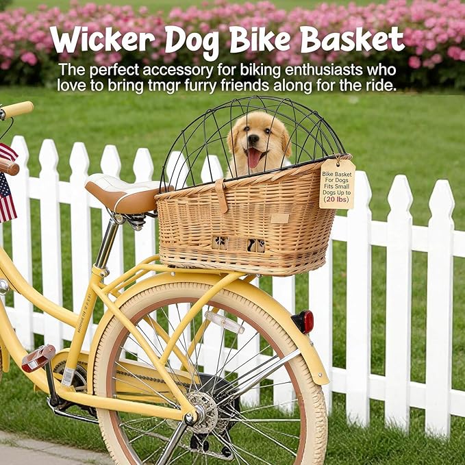 Dog Bike Basket Safe Portable Pet Bicycle Carrier for Small Dog Cat Natural Wicker with Protective Grille Luggage Rack Seat Ice Pad Comfort Cotton Cushion for Daily, Rides, Farmers'Markets Brown