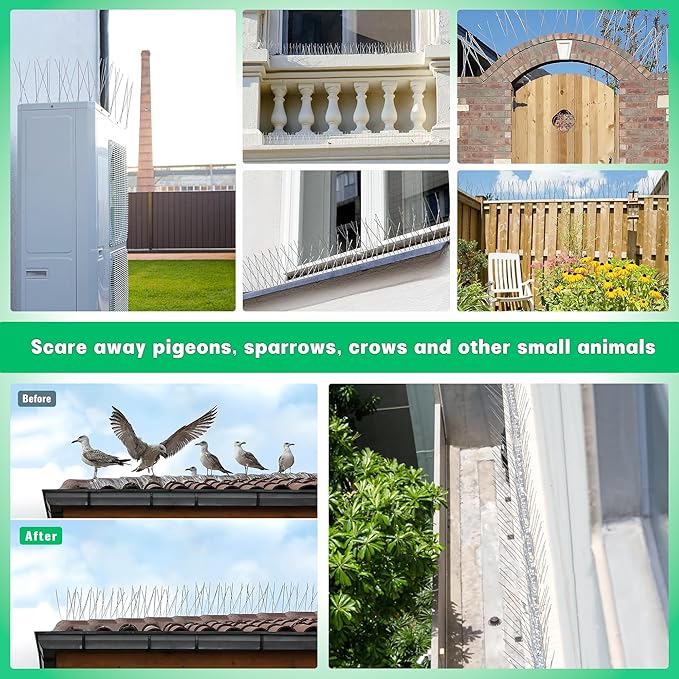 Bird Spikes Stainless Steel Bird Spikes Pigeon Spikes for Outside to Keep Birds Away with 7.9 Inch Wider Coverage 19.7 Feet Length Disassembled with Stainless Base for Small Bird Fence Roof Blacony