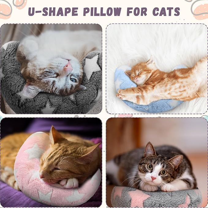 Sweetude 4 Pcs Pillows for Cats Puppy Bed Fluffy Pet Calming Soft Gifts Half Donut U Shaped Pet Neck Pillow Training Joint Relief Cervical Protection(Star,Medium)