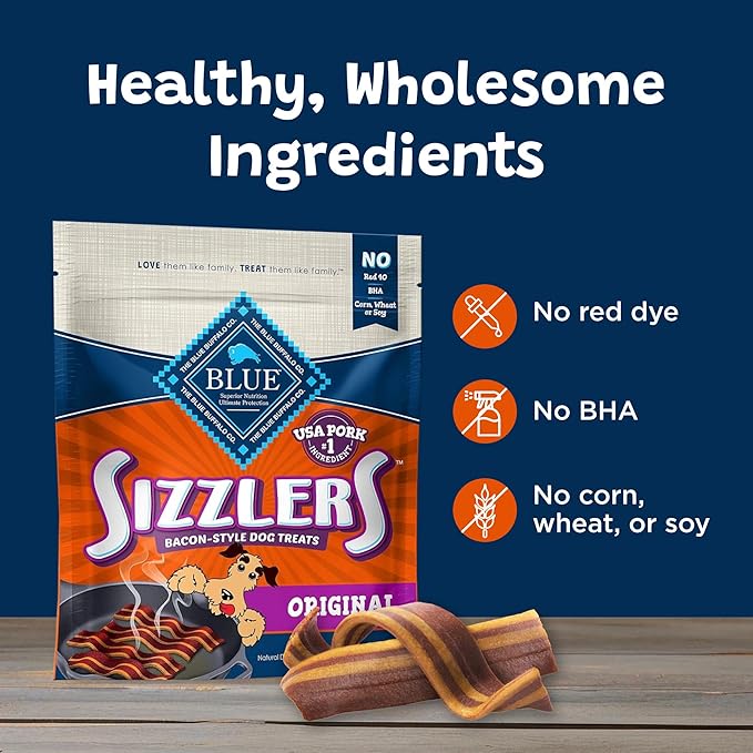 Blue Buffalo Sizzlers Natural Soft Dog Treats, Bacon-Style Soft-Moist Dog Treats with Real USA Pork, Original Flavor, 6-oz Bag (Pack of 2)