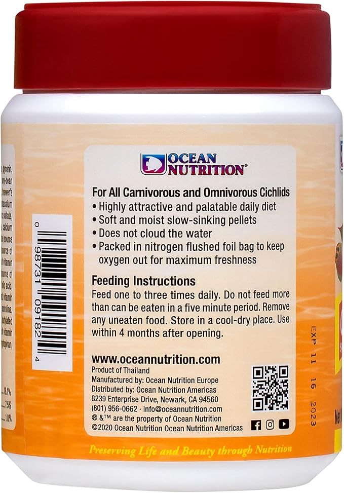 Ocean Nutrition Fish Food Cichlid Pellets, High Protein (41%) Soft Moist Sinking Pellets for Omnivorous Predatory Cichlids - Enhances Color & Growth, 7 oz (200 g), Small Pellet