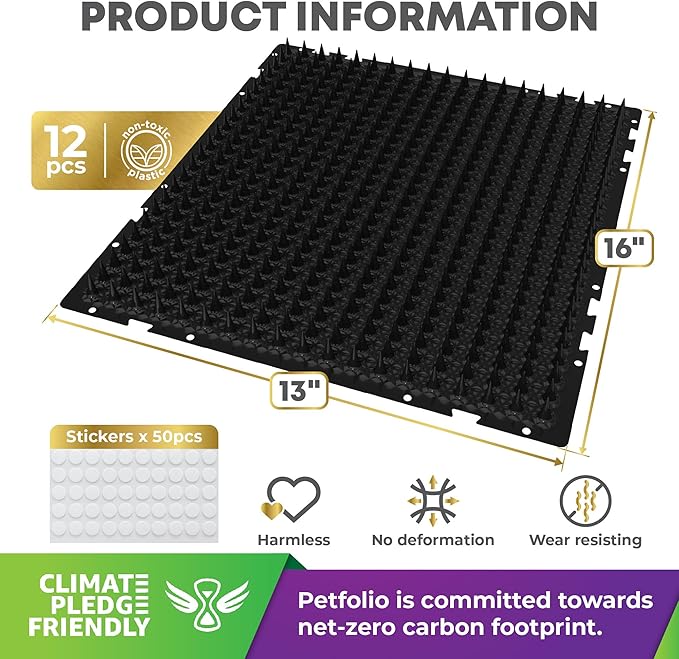 Petfolio 12 Pack Black Cat Spike Mat - 16" x 13" Scat Mat for Cats with 1" Spike is A Perfect Pet Deterrent for Indoor & Outdoor Cat Repellent to Deter Feral Cats & Dogs
