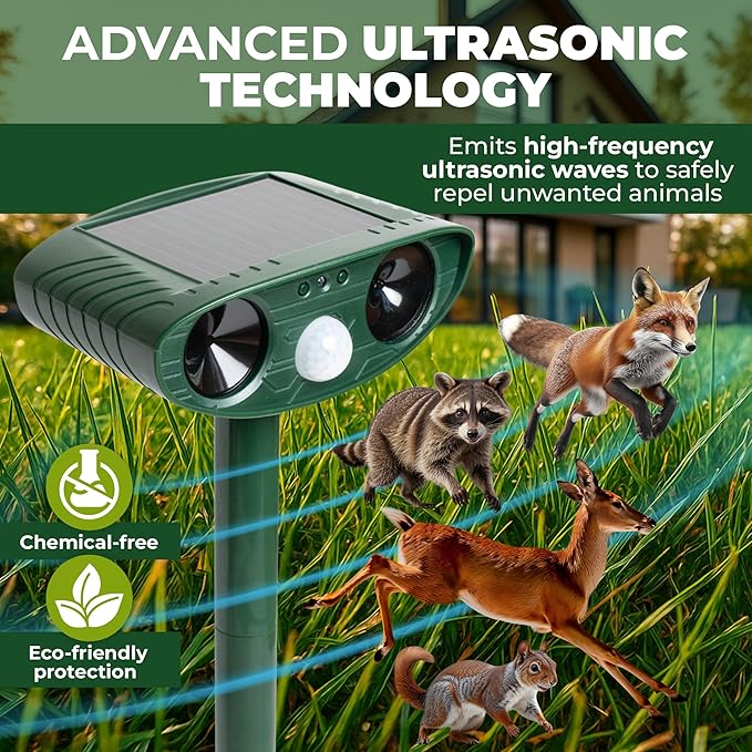 Upgraded Solar Ultrasonic Animal Repellent Outdoor (Pack 2pcs) - Cat Repellent Outdoor, Squirrel, Deer, Raccoon, Pest Repeller - Keep Skunk Away Motion Detection with Flash Light for Yard Garden Lawn