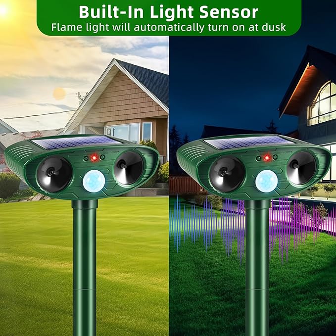 4 Pack 2026 Solar Ultrasonic Animal Repellent Cat Rabbit Deterrent Racoon Deer Repellent Devices with Motion Detection for Squirrel Dog Rodent Waterproof Skunk Repellent for Yard