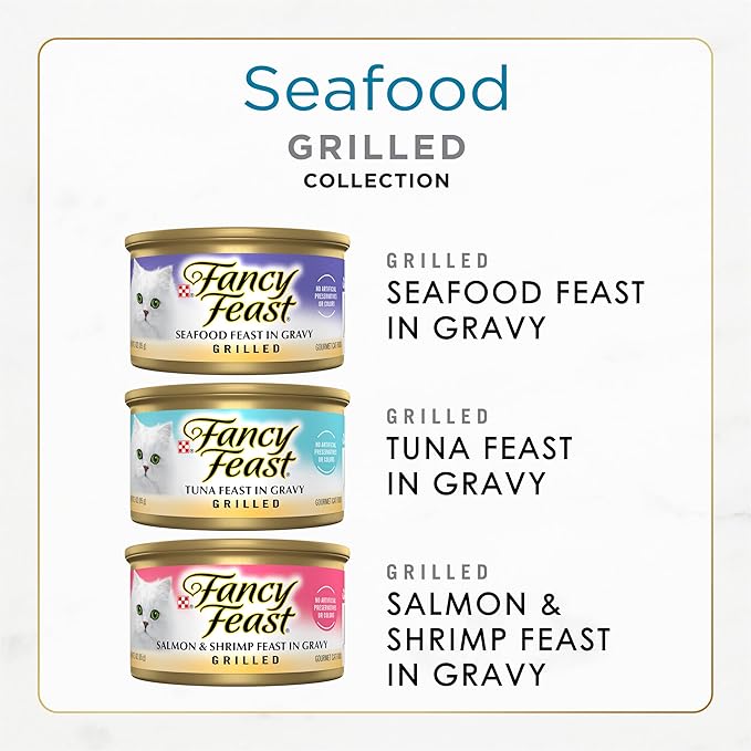 Fancy Feast Purina Grilled Wet Cat Food Seafood Collection in Wet Cat Food Variety Pack - 3 oz. Cans,(Pack of 60)