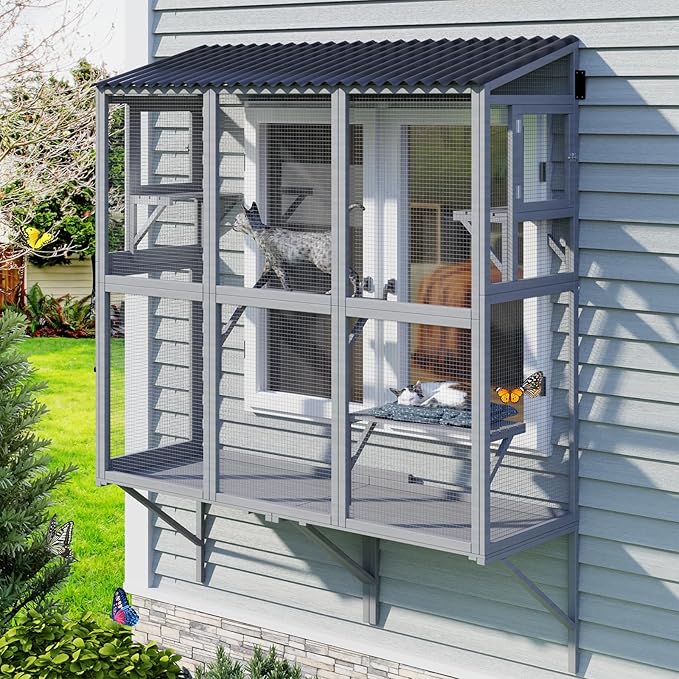 Cat Catio, Expandable Window Box Enclosure for Multiple Indoor Cats, Comfortable Wooden Small Pet Perch House, All-Weather Use, for Safely Enjoying Outdoor Sights, Playing, Sunbathing, Napping