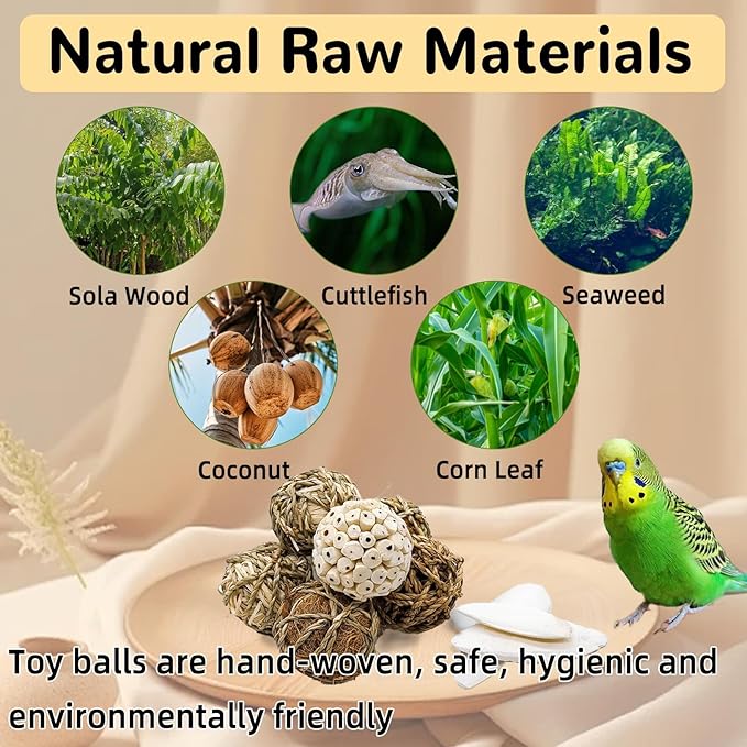 Bird Toys Sola Balls Parakeet Toys Natural Soft Chew Grass Balls with Cuttlebone for Parrots Conures Rabbits Hamster Guinea Pig Chinchilla(Style 2, 18 PCS)