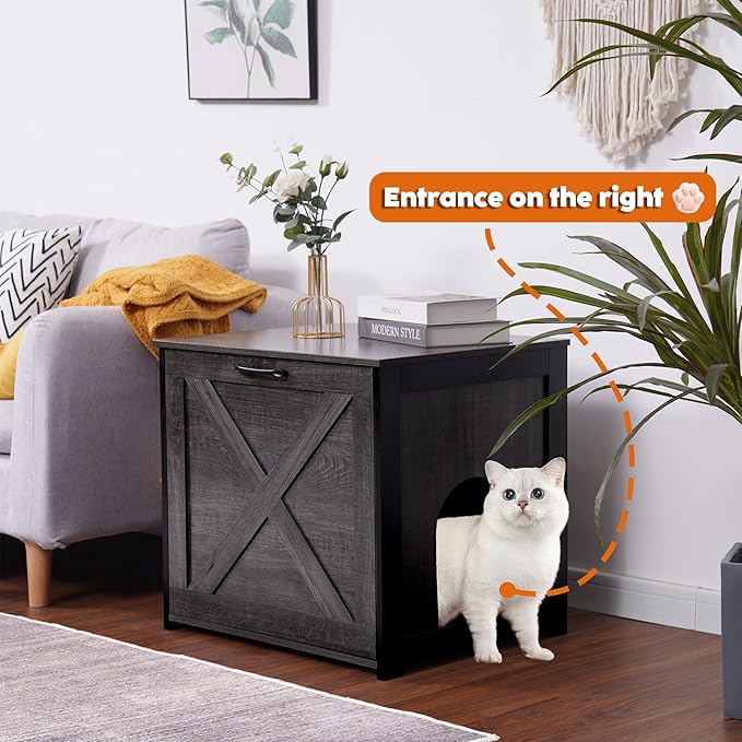 Dwanton Cat Litter Box Furniture Hidden, Cat Litter Box Enclosure, Reversible Entrance Can Be on Left or Right Side, Indoor Cabinet, Wooden Washroom, End Table, Nightstand, Dark Gray, 23.6" L