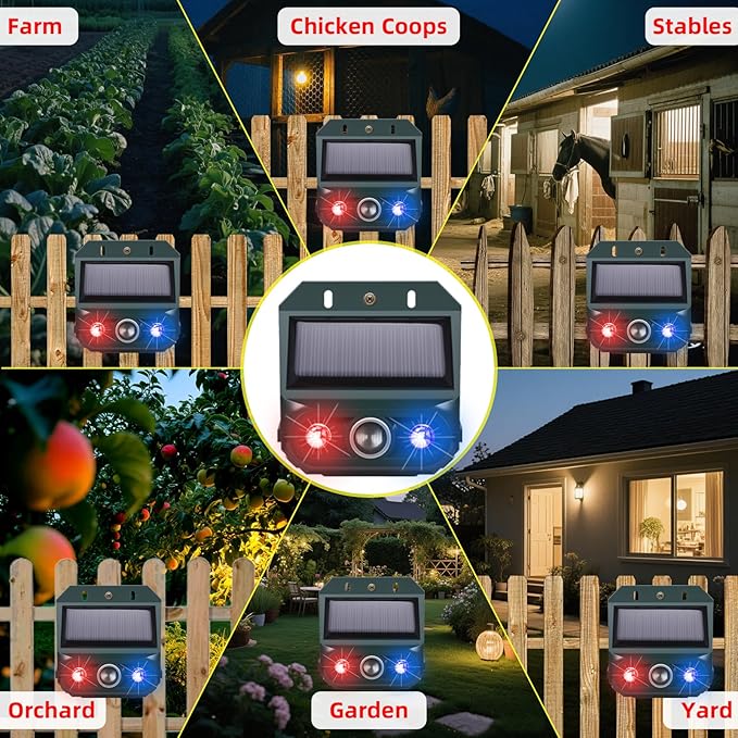 2026 4 Packs Solar Ultrasonic Nocturnal Animal Repeller,Ultrasonic Bird Cat Deterrent Outdoor for Yard Farm,Predator Lights with Red&Blue for Cat Fox,Effective Deer Repellent Outdoor for Chicken Coop