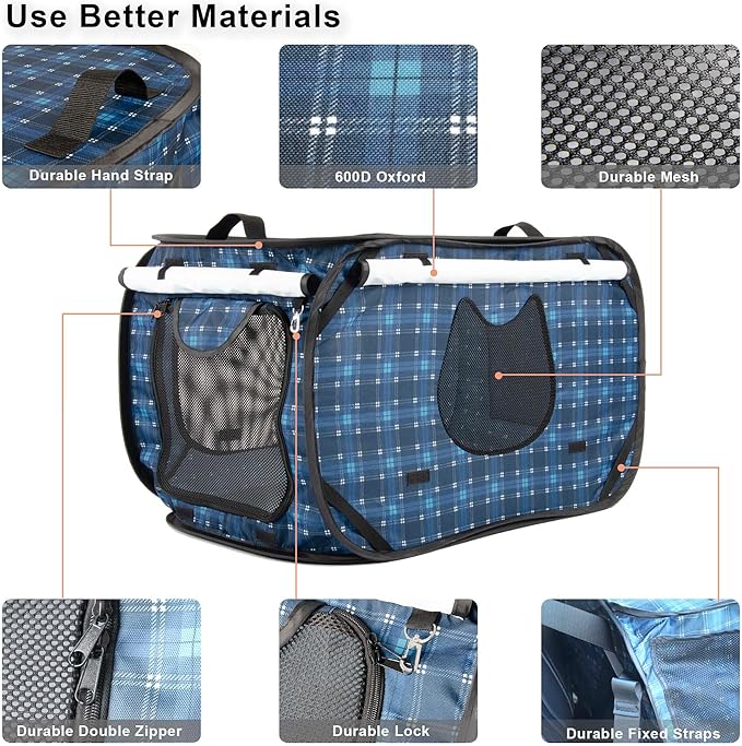 Pop up Large Cat Carrier, 30'' L Kennel Soft Crates with Portable Mini Cat Carrier,Travel Littler Box, Mattress,Food Bowl,4 Stakes and Carry Bag