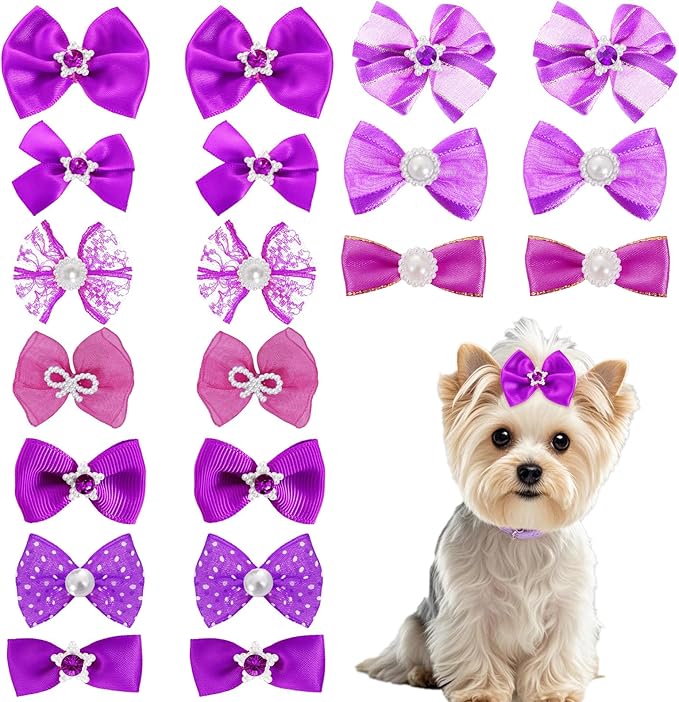 20 PCS Cute Dog Hair Bows with Rubber Bands Elastic Handmade Mix Style Lace Rhinestone Pearls for Furry Puppy Cat Pet Girl, Dark Purple