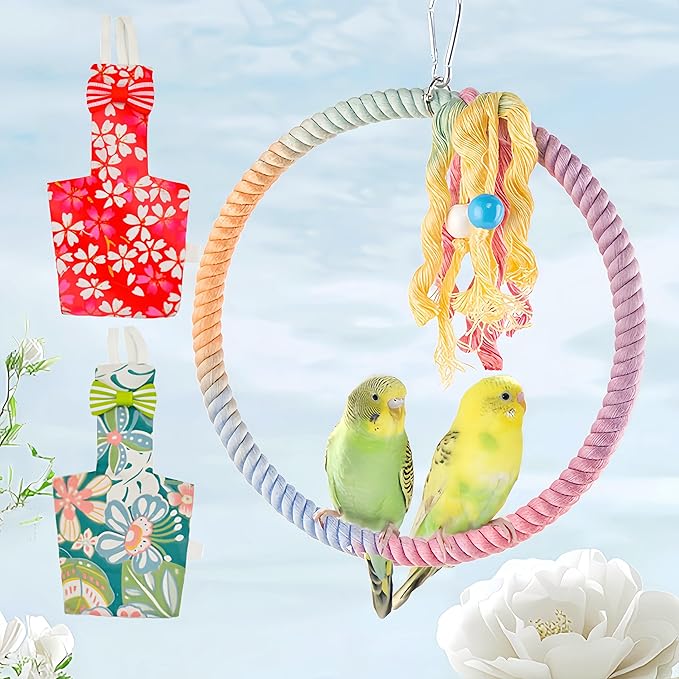 2 Pcs Bird Diapers Bird Harness Flight Suits Diapers with 80in Flying Leash Reusable Parrot Nappy with Waterproof Inner Layer for Cockatiel Budgie Conure Parakeet Lovebird-Red&Green