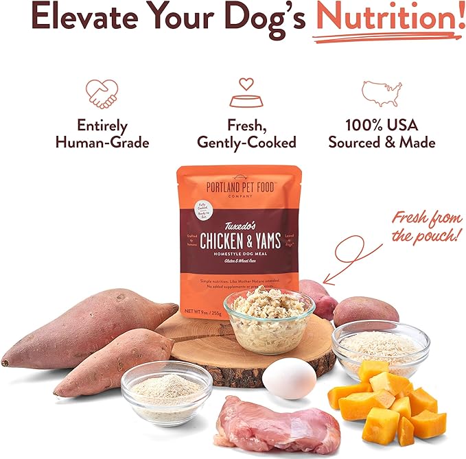 Portland Pet Food Company Fresh Dog Food Pouches - Human-Grade Toppers Wet Pet Meal & Mixers - Gluten-Free Limited Ingredient Tuxedo’s Chicken & Yams - Large & Small Breed Puppy & Senior Dogs - 5 Pack