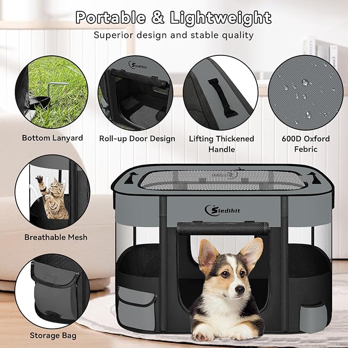 Dog Playpen,Cat Pet Puppy Pen,Portable Playpens for Dogs Indoor Outdoor Travel Camping Use,Foldable Dog Kennel Tent Crate for Rabbit Small Animals with Carrying Case (Dark Grey, Medium)