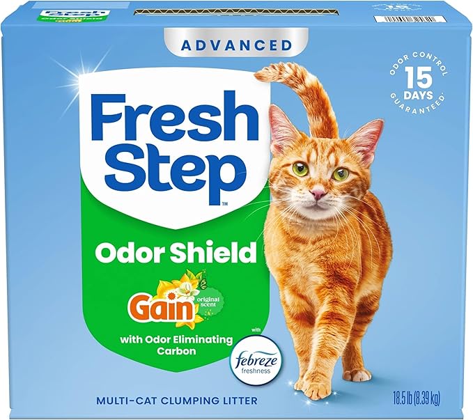 Fresh Step Odor Shield Advanced Multi Cat Clumping Litter with Febreze Freshness, Gain Original Scent, 18.5 lb Each, Pack of 2 (Package May Vary)